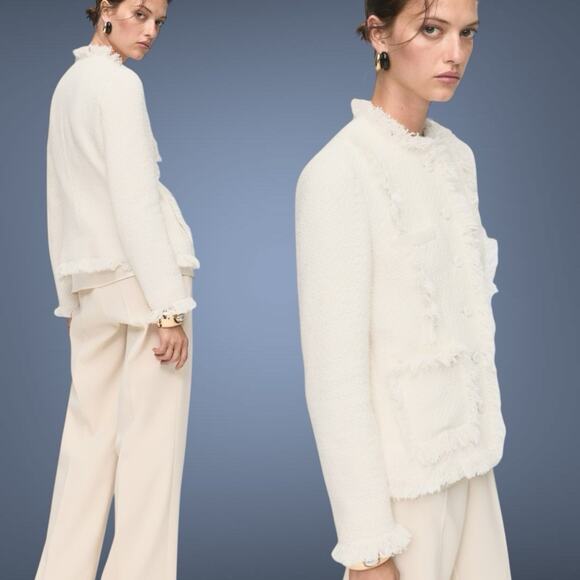 MANGO Pocket Cream Boucle' Fringe Tweed jacket Women's Blazer M (4) REF17087813 - Picture 9 of 16